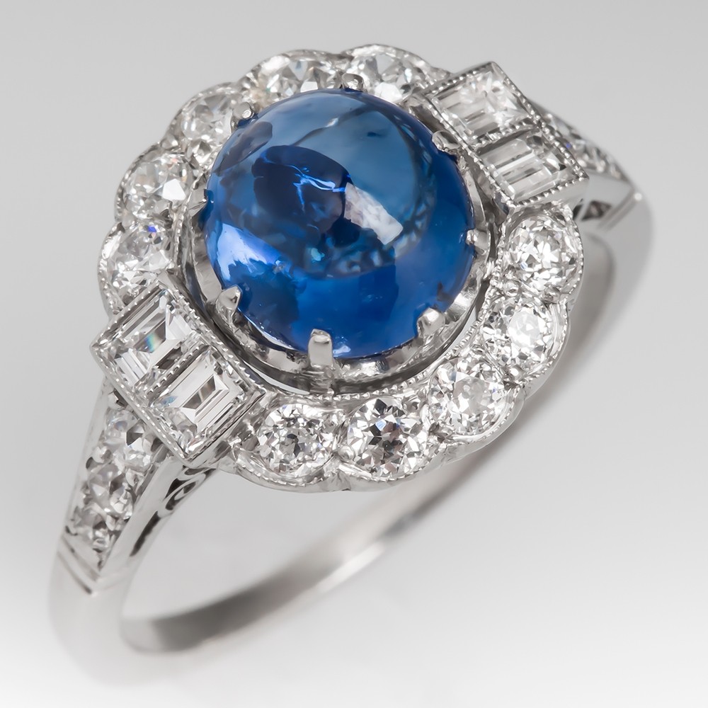 Cabochon Blue Sapphire & Halo Diamond Platinum Ring