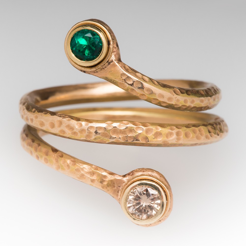 Handmade Emerald Diamond Snake Coil Ring 14K