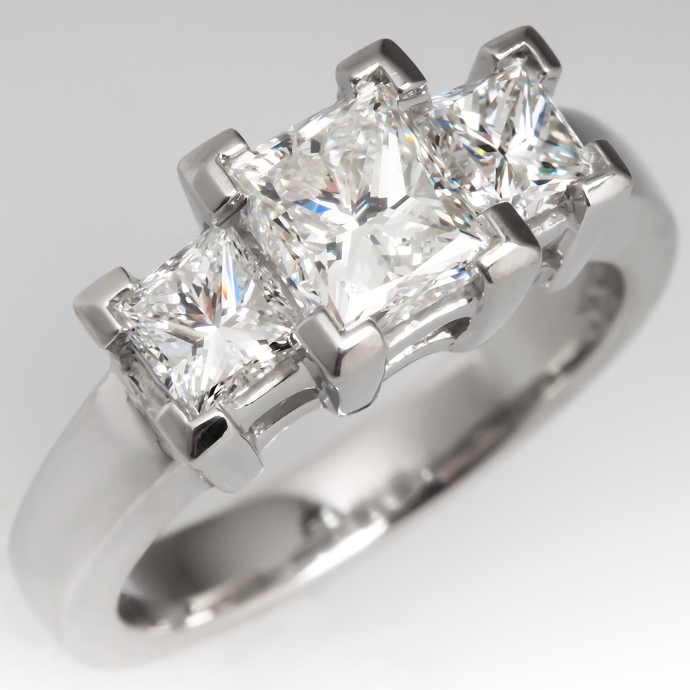 Modern Three-Stone Princess Cut Diamond Engagement Ring Platinum