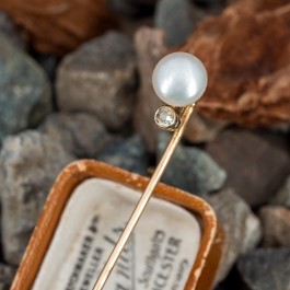 Elegant Pearl Stick Pin w/ Old Euro Diamond Accent 14K Yellow Gold