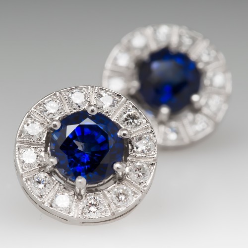 Antique And Estate Earrings Eragem Rich Blue Shire Diamond Halo Stud Earrings Platinum