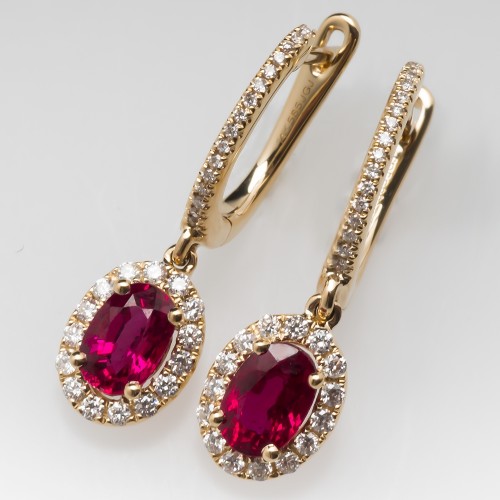 Antique And Estate Earrings Eragem Bright Red Ruby Dangle Earrings With Diamond Halo 14k Yellow Gold